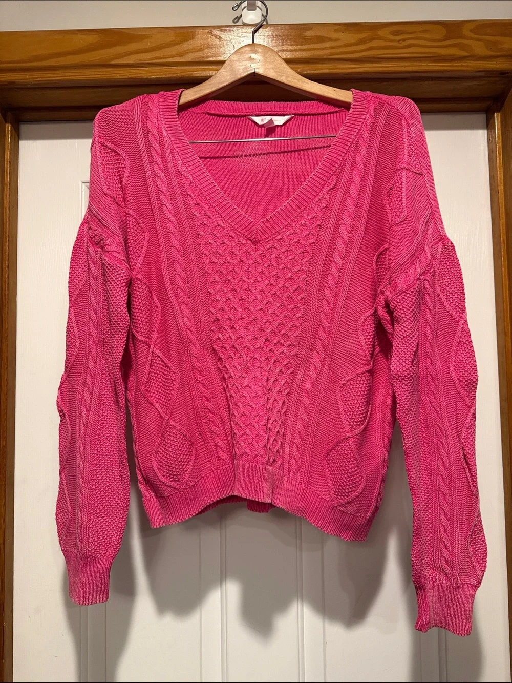 No Boundaries Hot Pink Cable Knit V-Neck Sweater